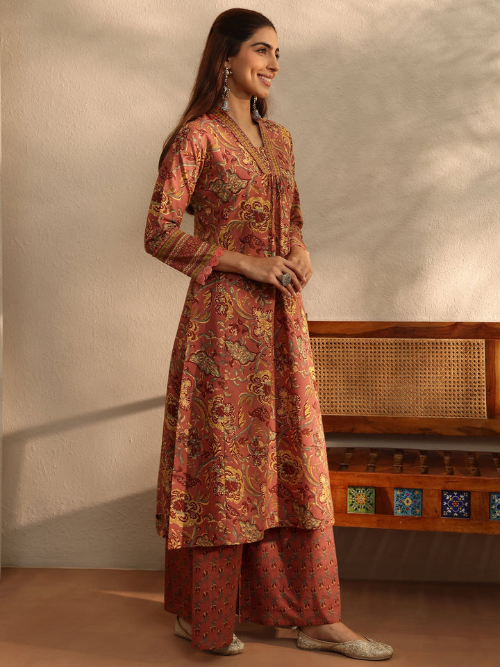 Coral Floral Printed Cotton Blend A-Line Suit Set With Dupatta