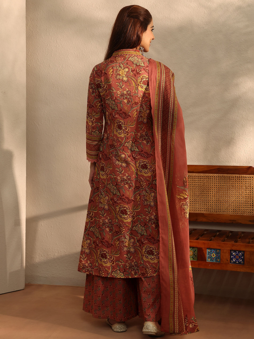 Coral Floral Printed Cotton Blend A-Line Suit Set With Dupatta