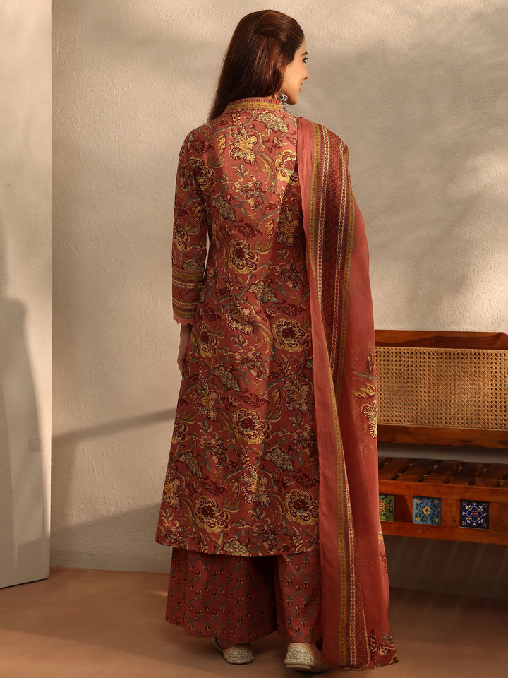 Coral Floral Printed Cotton Blend A-Line Suit Set With Dupatta