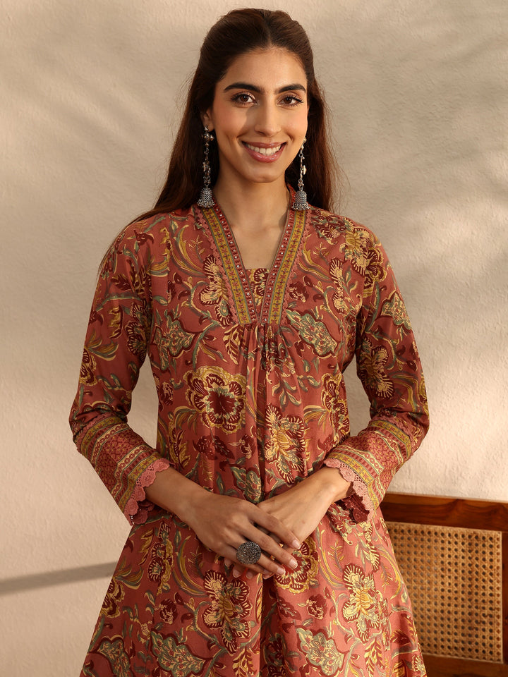 Coral Floral Printed Cotton Blend A-Line Suit Set With Dupatta