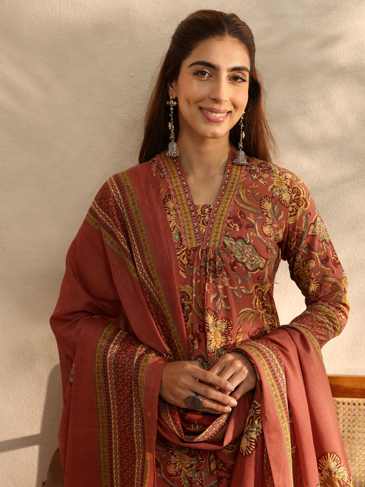 Coral Floral Printed Cotton Blend A-Line Suit Set With Dupatta