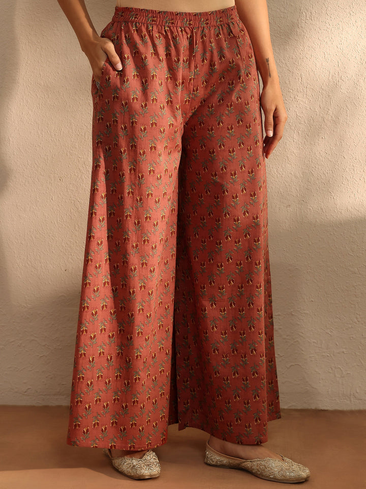 Coral Floral Printed Cotton Blend A-Line Suit Set With Dupatta