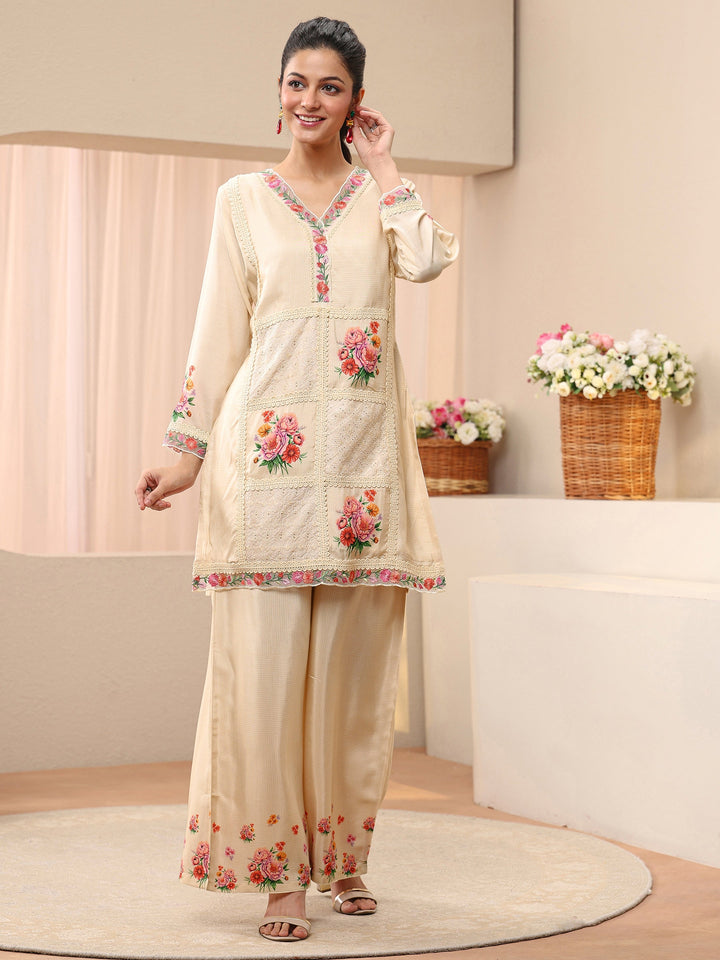 Beige Floral Printed Muslin Co-Ord Set