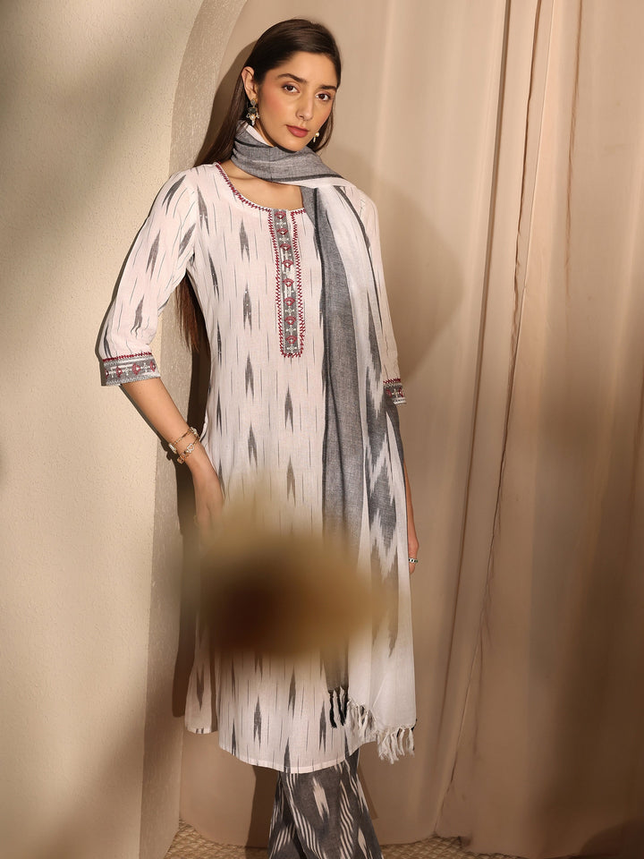 White Ikkat Printed Cotton Straight Suit Set With Dupatta