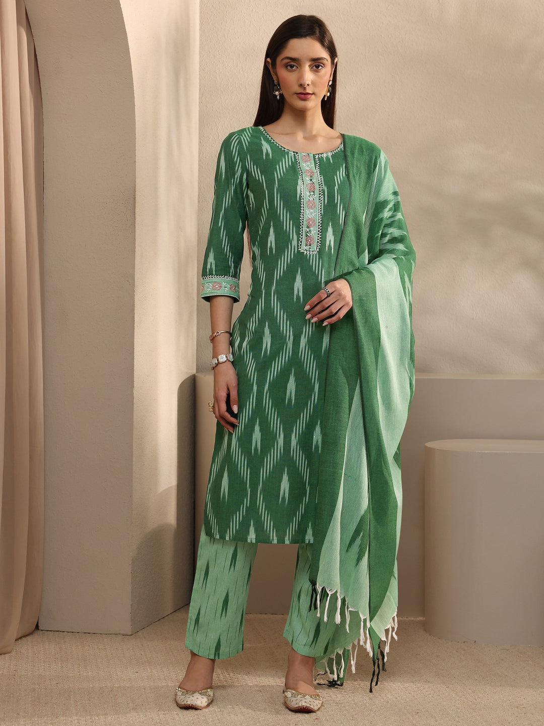 Green Ikkat Printed Cotton Straight Suit Set With Dupatta