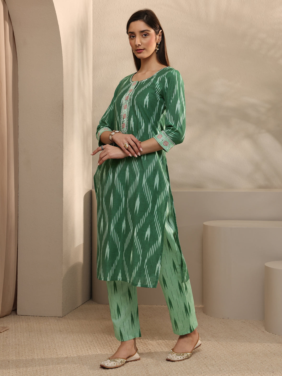 Green Ikkat Printed Cotton Straight Suit Set With Dupatta