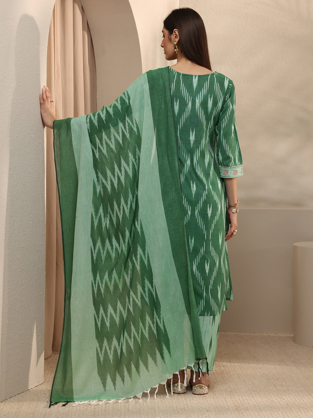 Green Ikkat Printed Cotton Straight Suit Set With Dupatta