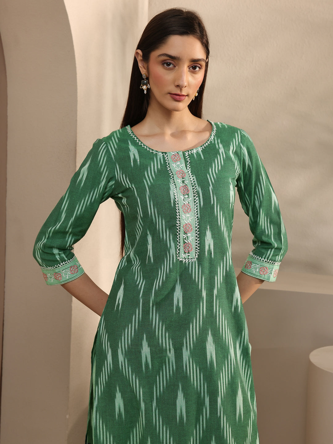 Green Ikkat Printed Cotton Straight Suit Set With Dupatta
