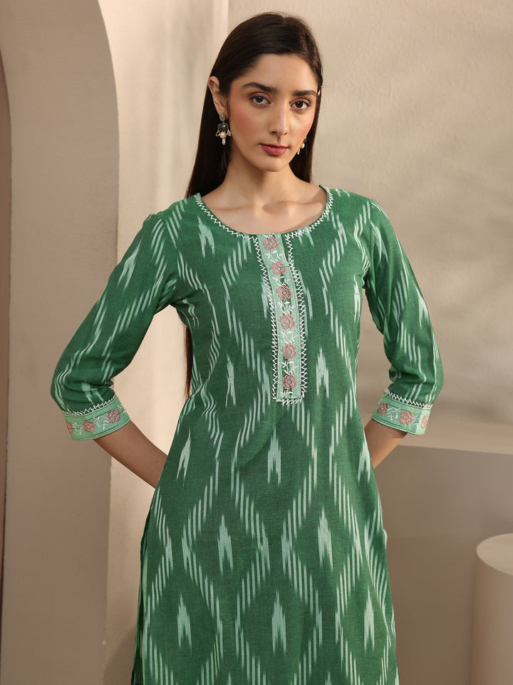 Green Ikkat Printed Cotton Straight Suit Set With Dupatta