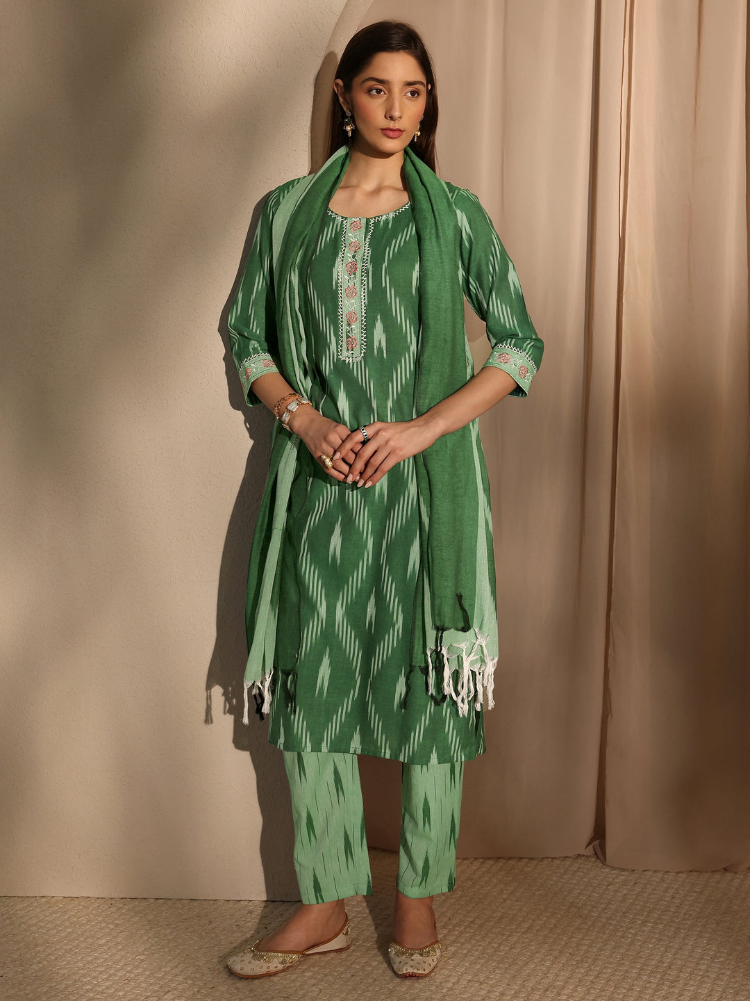 Green Ikkat Printed Cotton Straight Suit Set With Dupatta