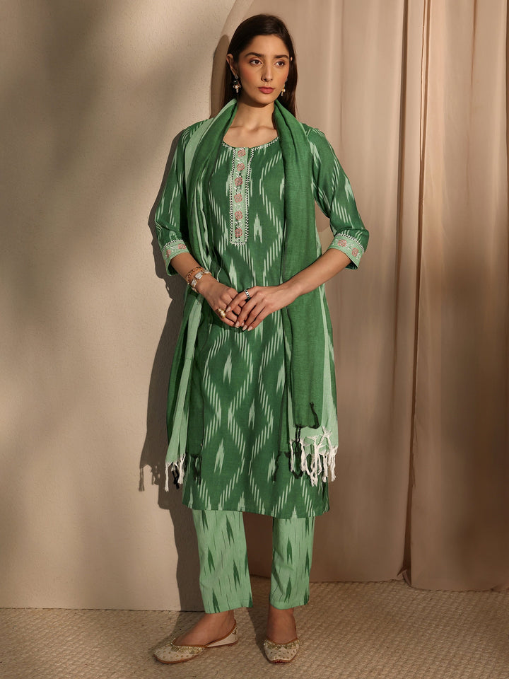 Green Ikkat Printed Cotton Straight Suit Set With Dupatta