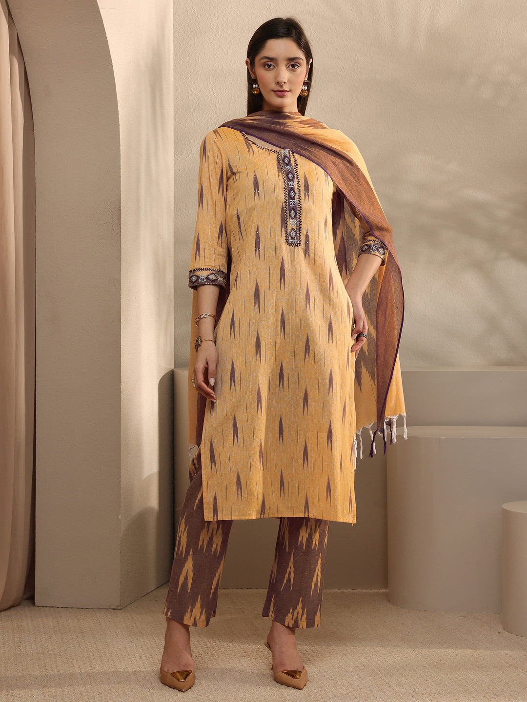 Beige Abstract Printed Cotton Straight Suit Set With Dupatta