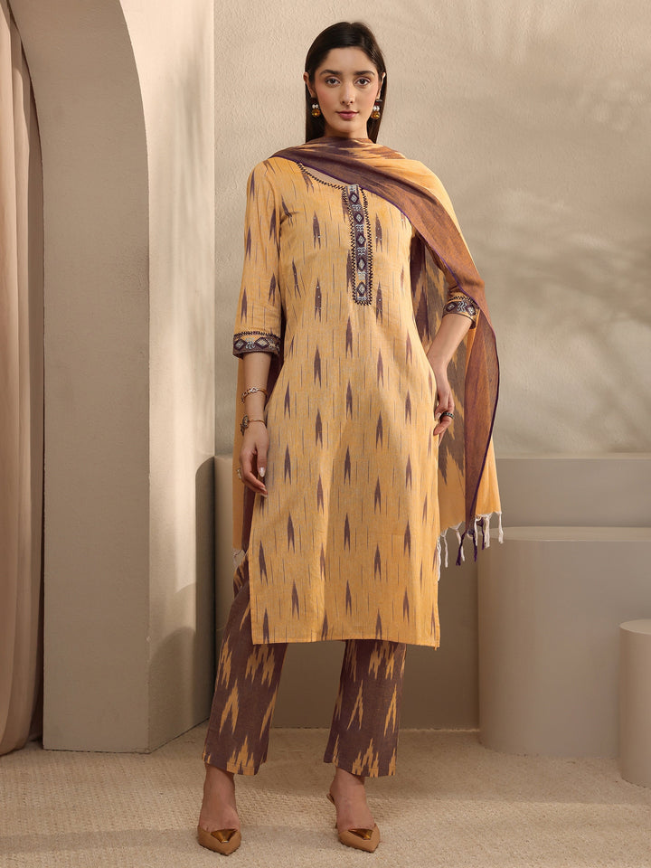 Beige Abstract Printed Cotton Straight Suit Set With Dupatta