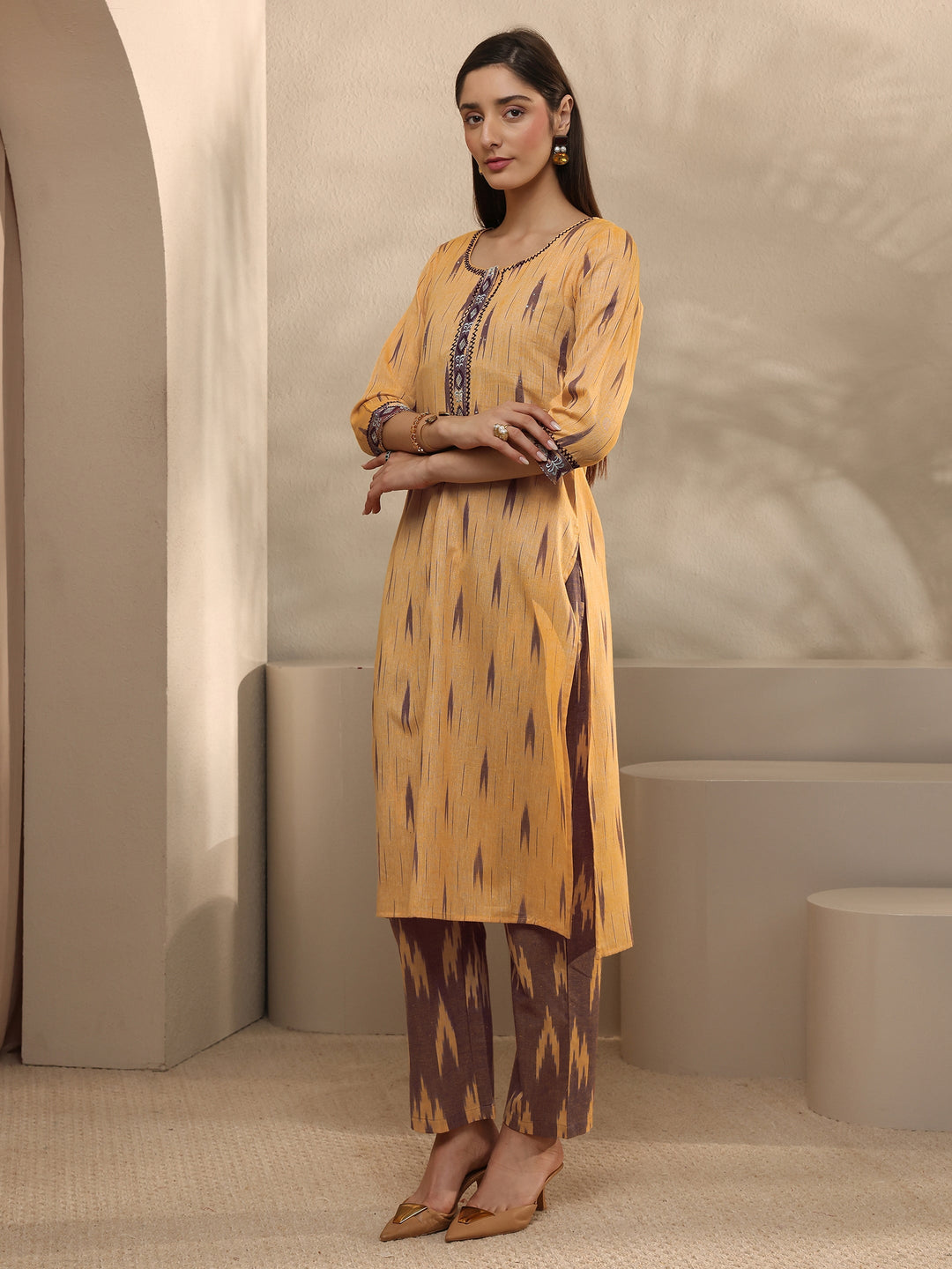 Beige Abstract Printed Cotton Straight Suit Set With Dupatta