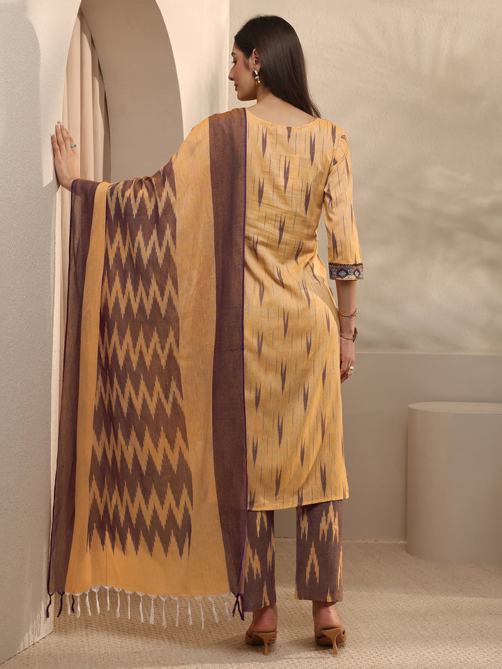 Beige Abstract Printed Cotton Straight Suit Set With Dupatta