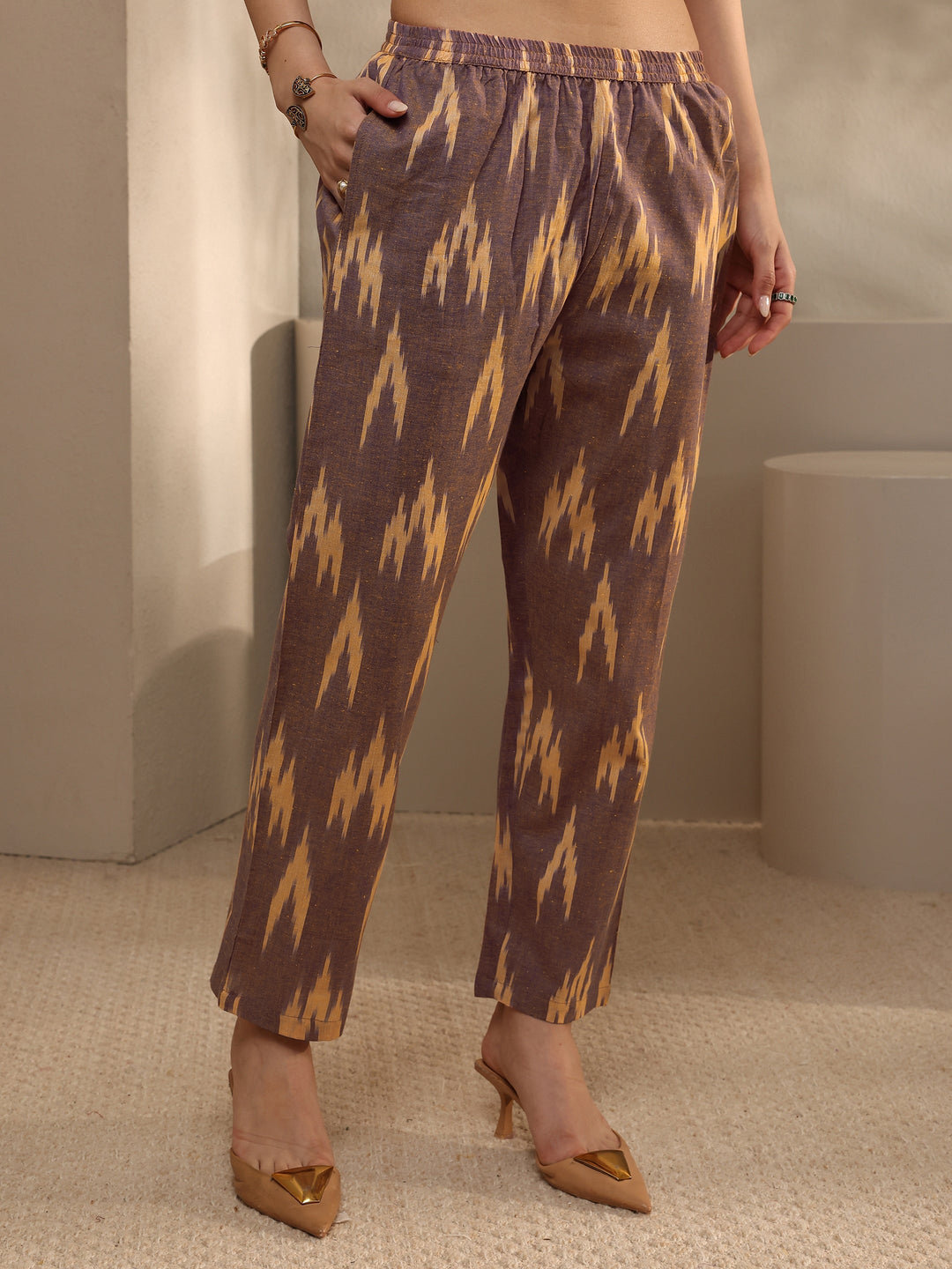 Beige Abstract Printed Cotton Straight Suit Set With Dupatta
