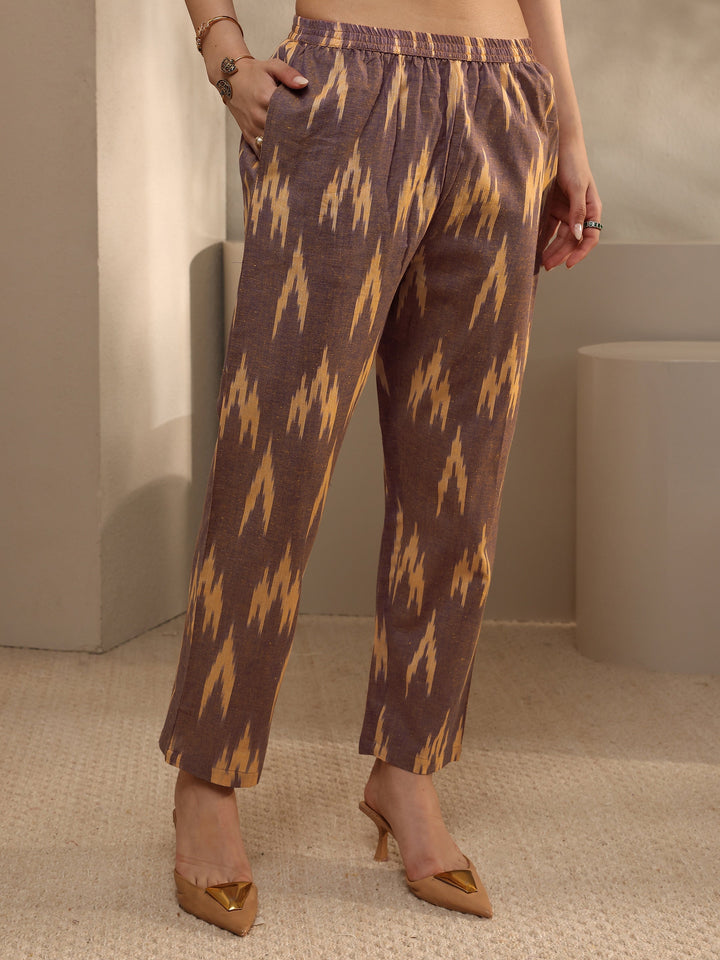 Beige Abstract Printed Cotton Straight Suit Set With Dupatta