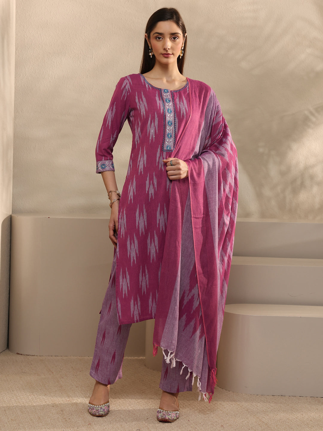 Pink Ikkat Print Cotton Straight Suit Set with Dupatta
