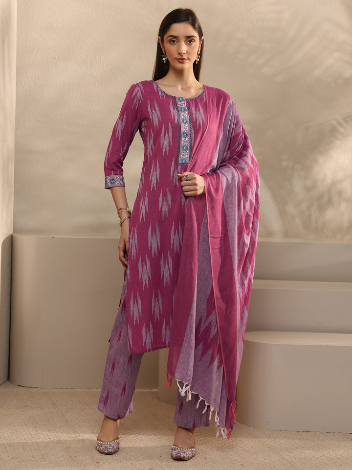 Pink Ikkat Print Cotton Straight Suit Set with Dupatta