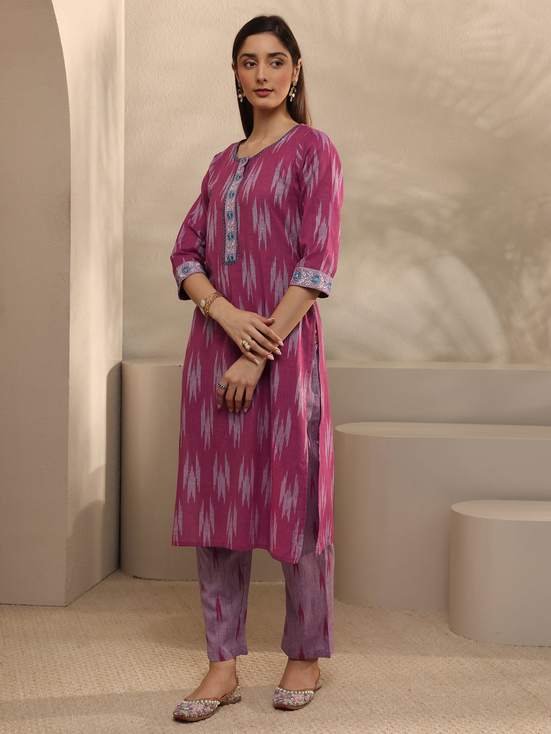 Pink Ikkat Print Cotton Straight Suit Set with Dupatta