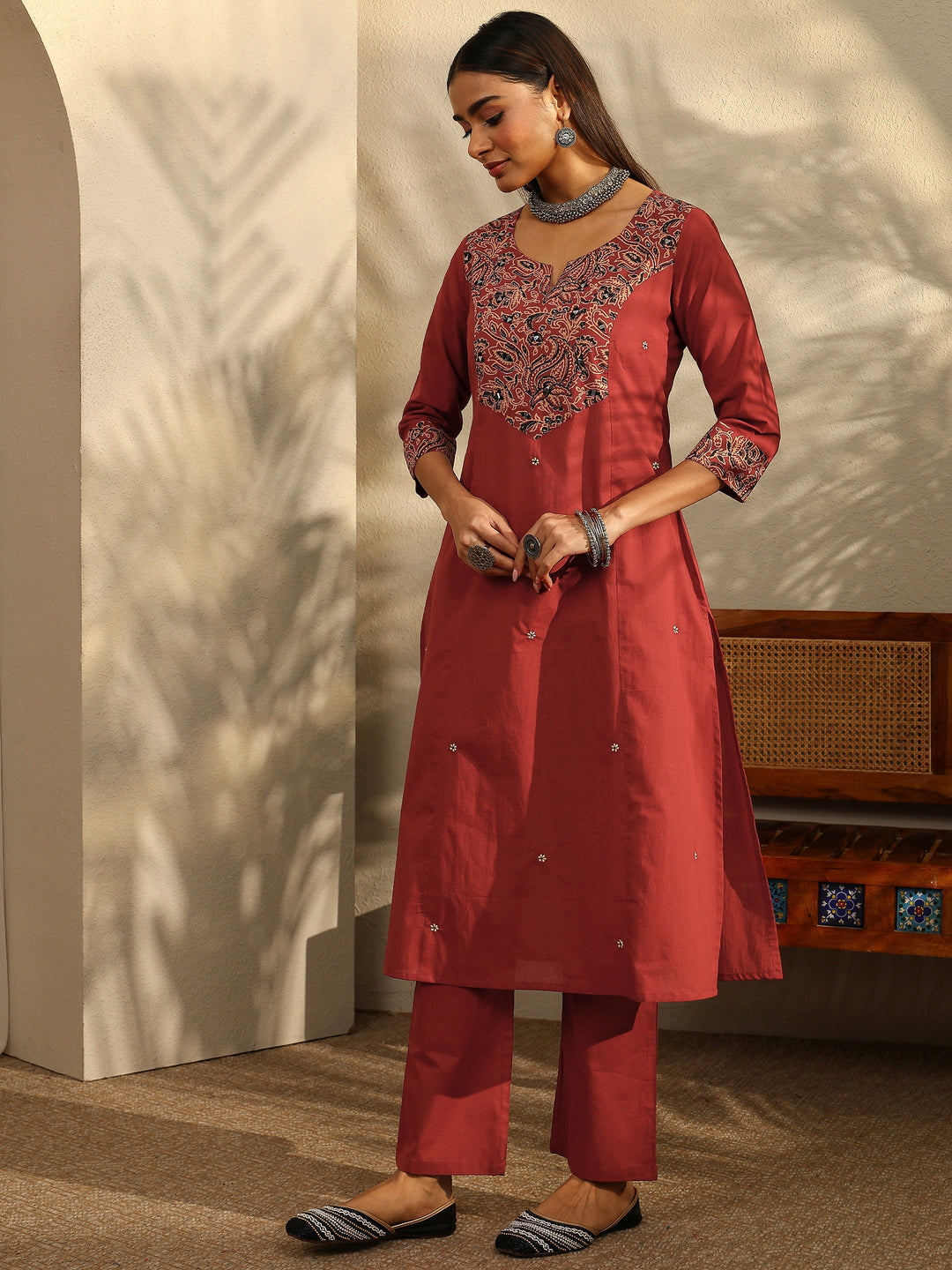Rust Printed Cotton Straight Suit Set With Dupatta