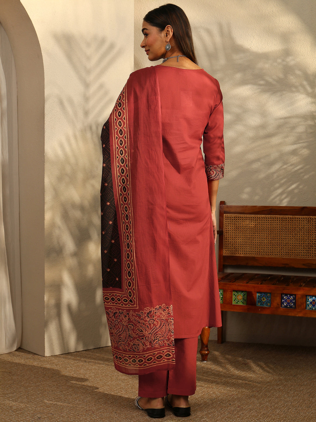 Rust Printed Cotton Straight Suit Set With Dupatta