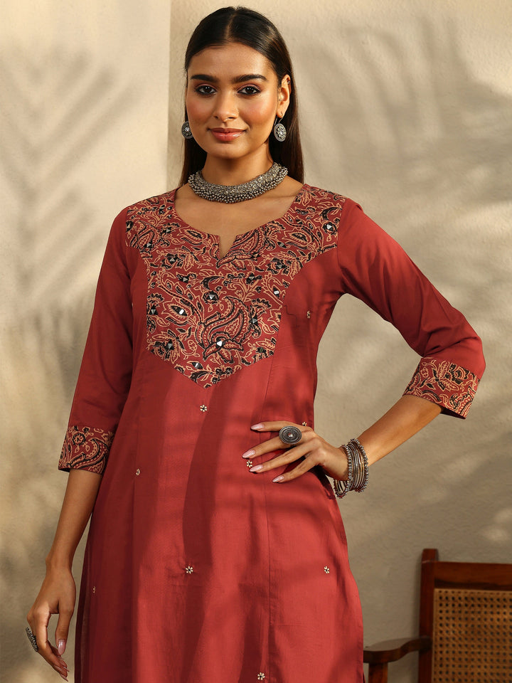 Rust Printed Cotton Straight Suit Set With Dupatta