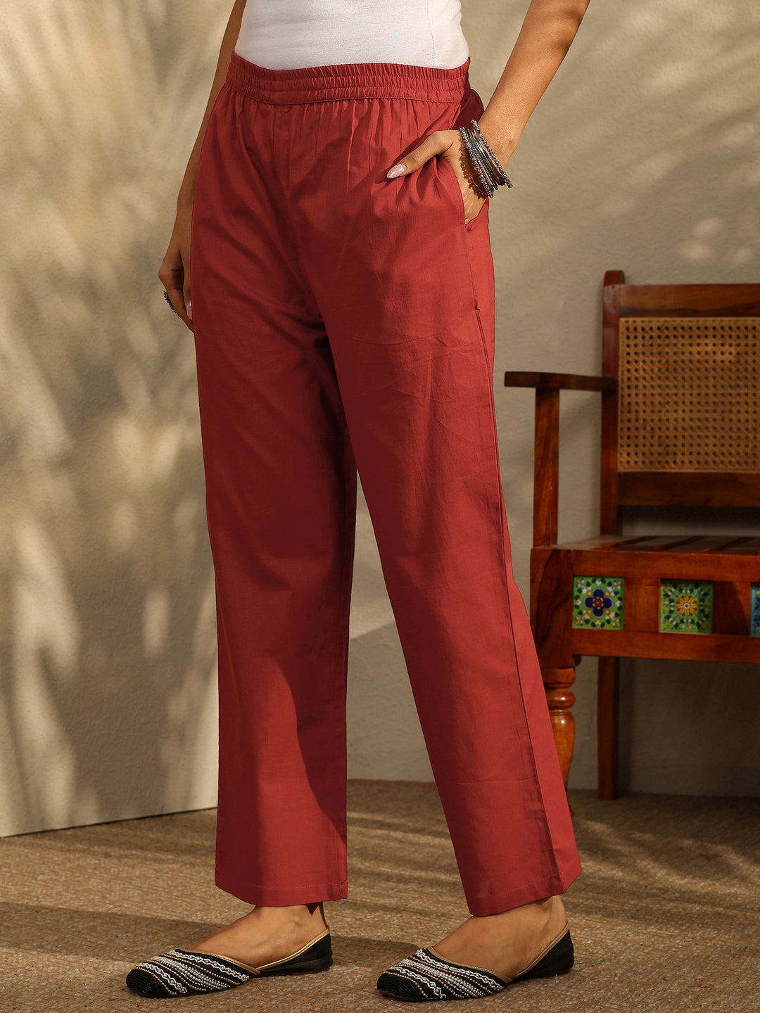 Rust Printed Cotton Straight Suit Set With Dupatta