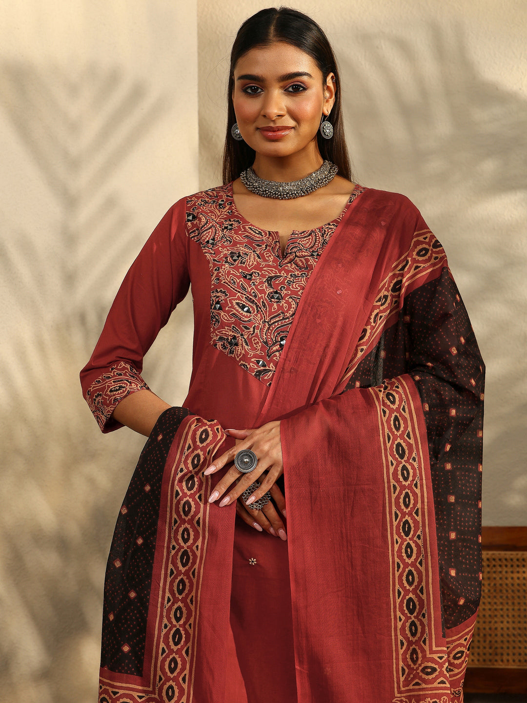 Rust Printed Cotton Straight Suit Set With Dupatta