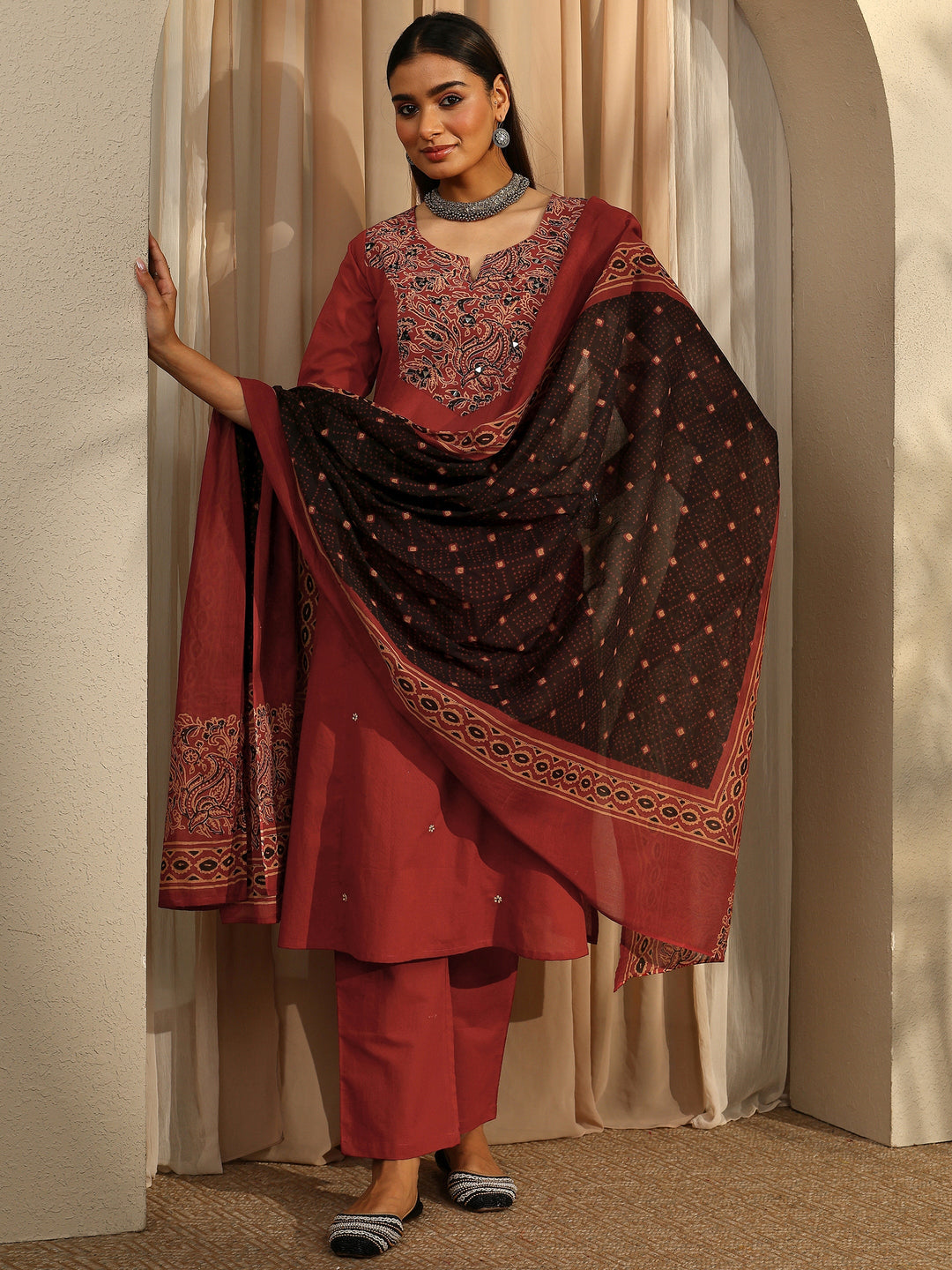 Rust Printed Cotton Straight Suit Set With Dupatta
