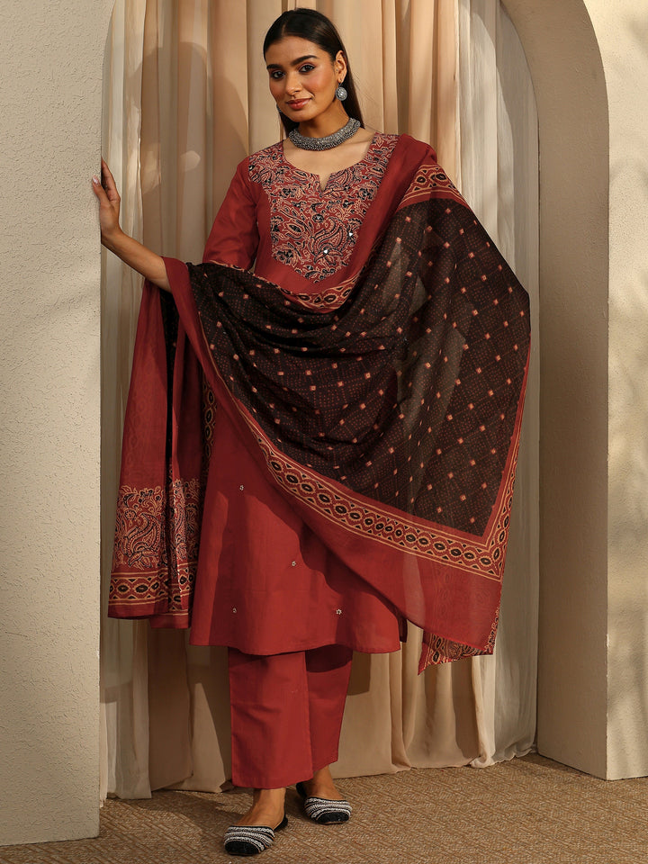 Rust Printed Cotton Straight Suit Set With Dupatta