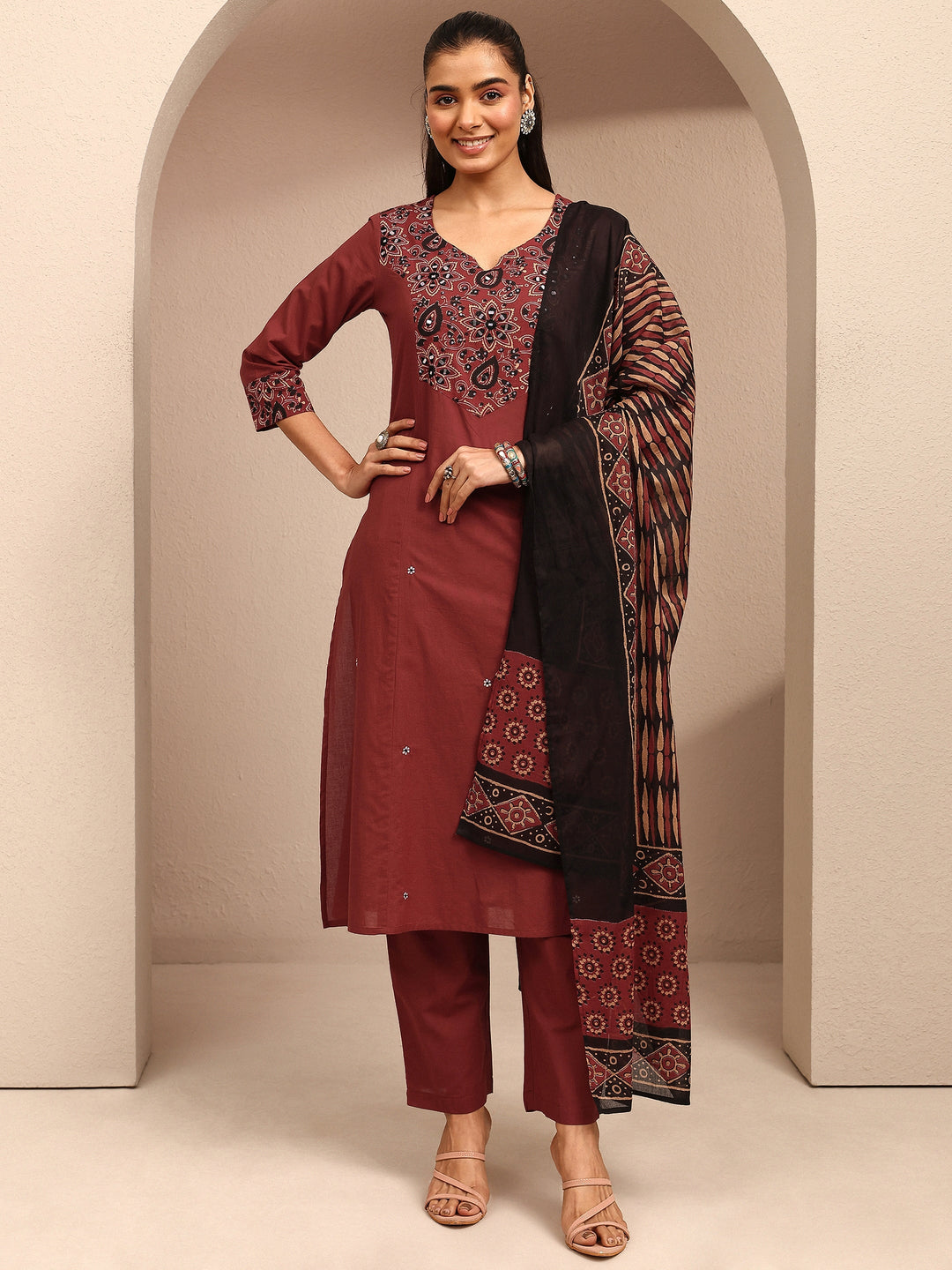 Rust Embroidered Cotton Straight Suit Set With Dupatta