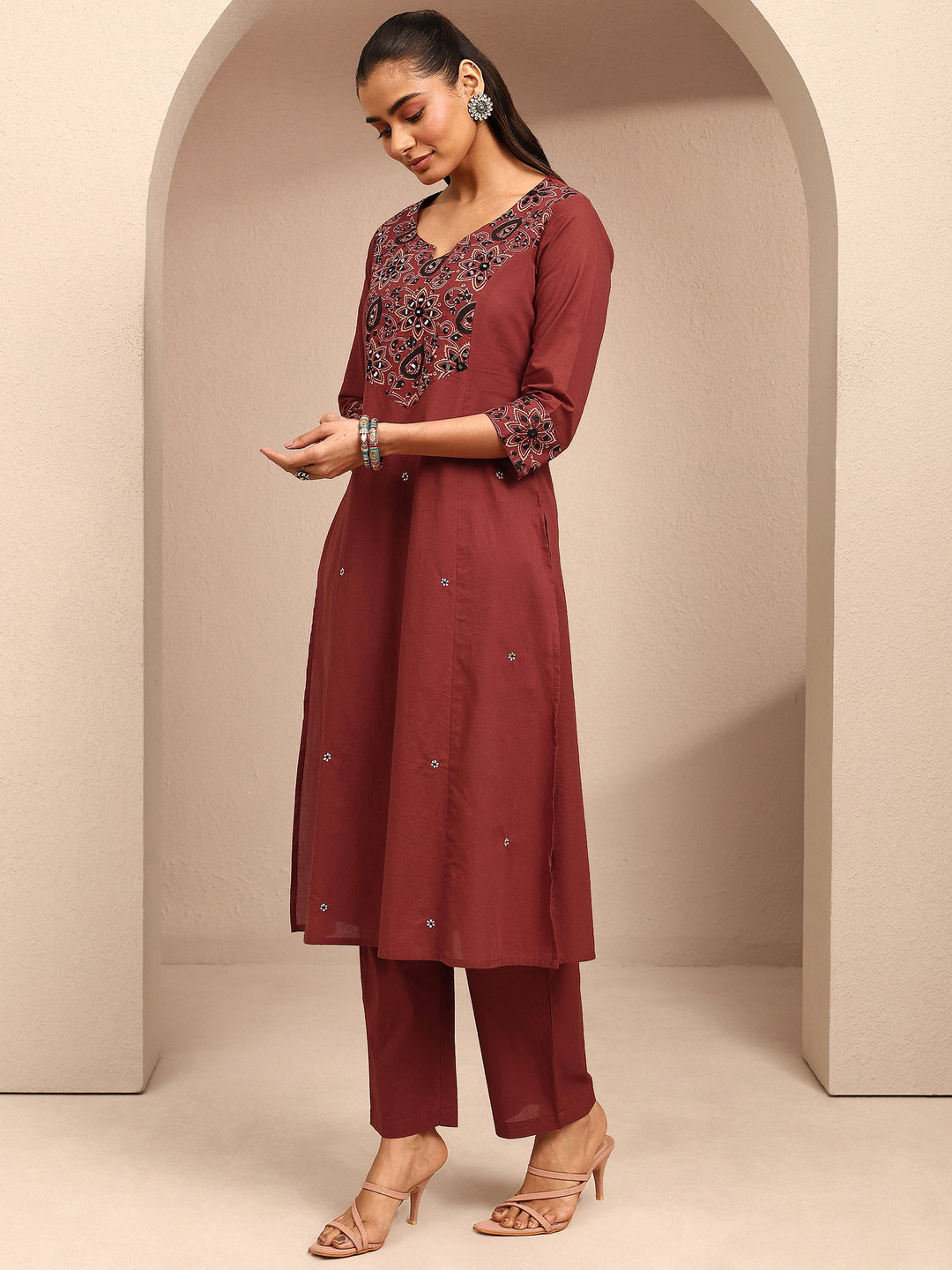 Rust Embroidered Cotton Straight Suit Set With Dupatta