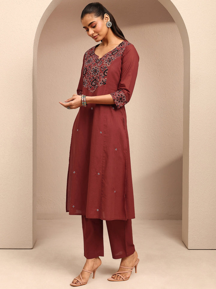 Rust Embroidered Cotton Straight Suit Set With Dupatta