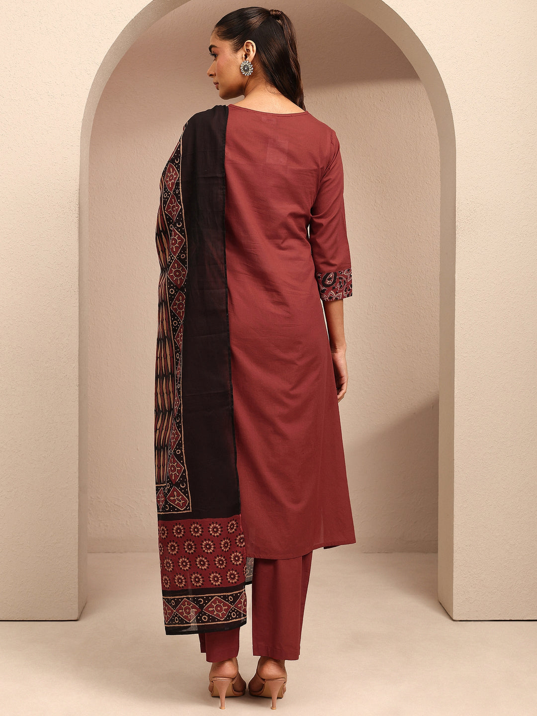 Rust Embroidered Cotton Straight Suit Set With Dupatta