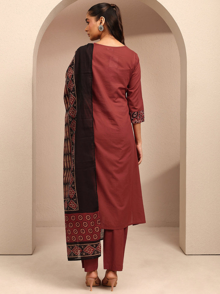 Rust Embroidered Cotton Straight Suit Set With Dupatta