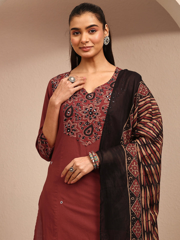 Rust Embroidered Cotton Straight Suit Set With Dupatta