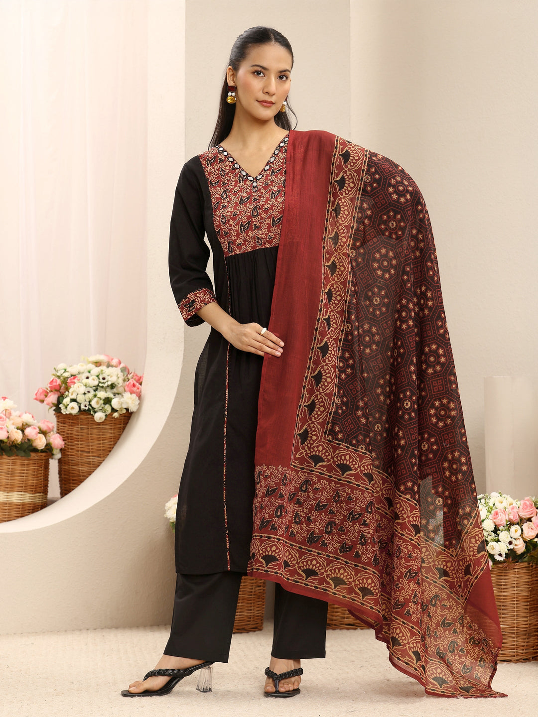 Black Floral Printed Cotton Straight Suit Set With Dupatta