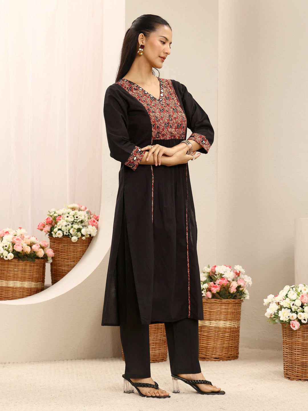 Black Floral Printed Cotton Straight Suit Set With Dupatta
