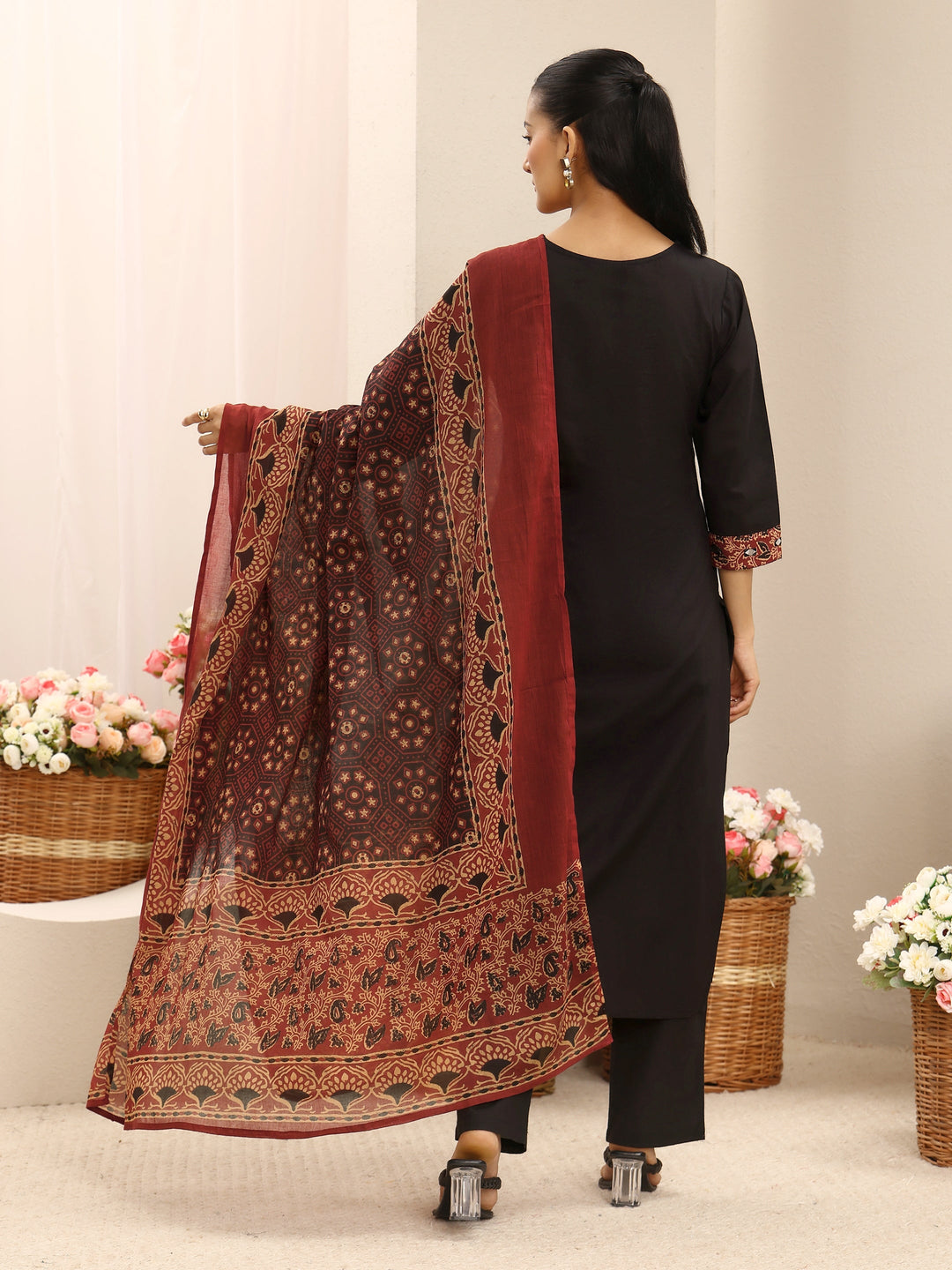 Black Floral Printed Cotton Straight Suit Set With Dupatta