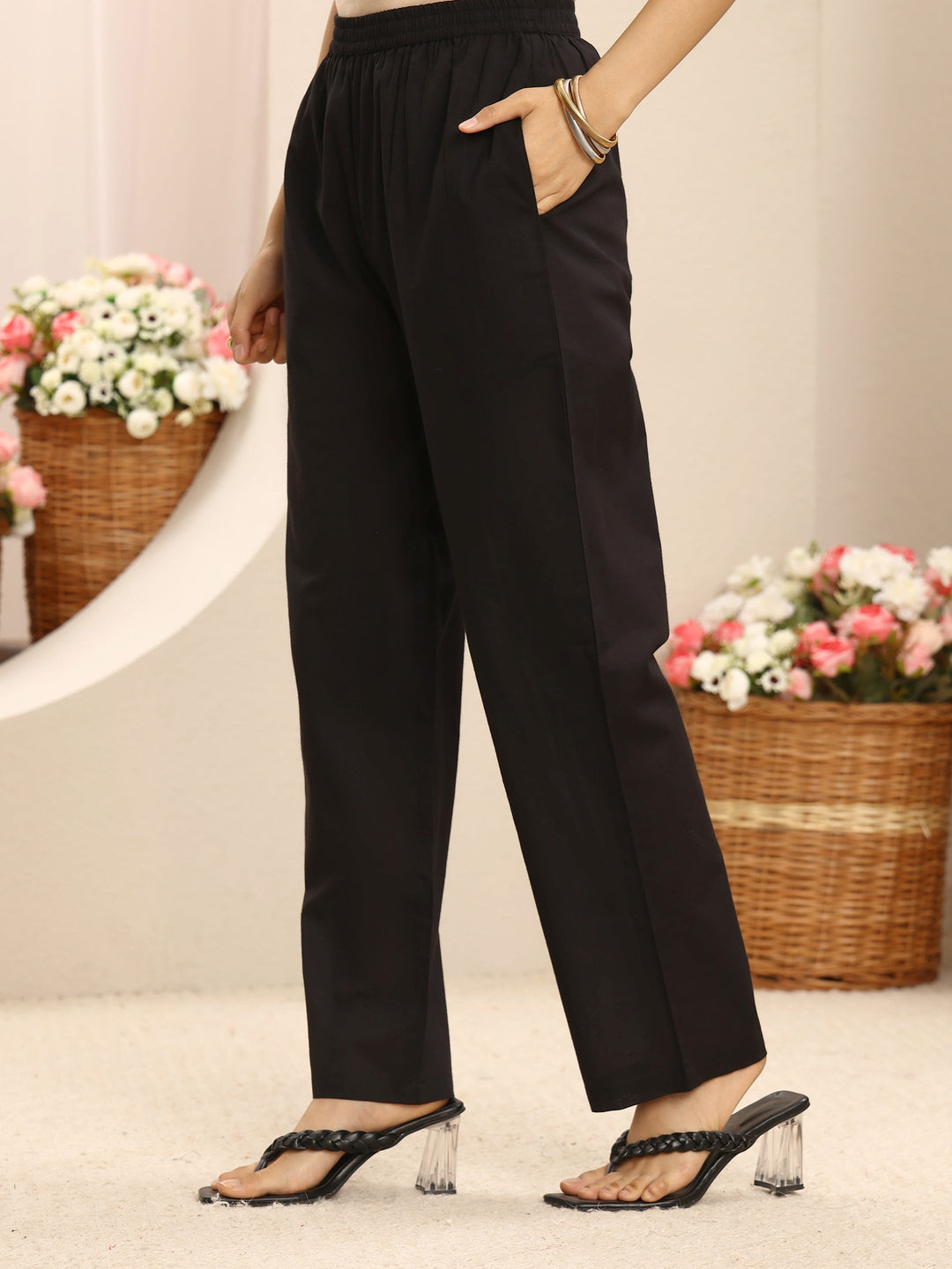 Black Floral Printed Cotton Straight Suit Set With Dupatta