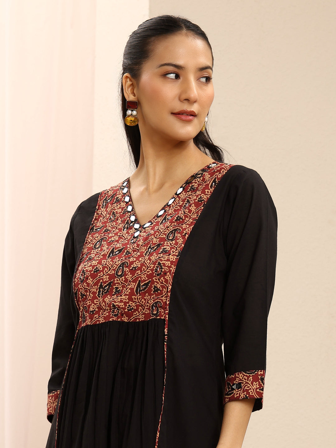 Black Floral Printed Cotton Straight Suit Set With Dupatta