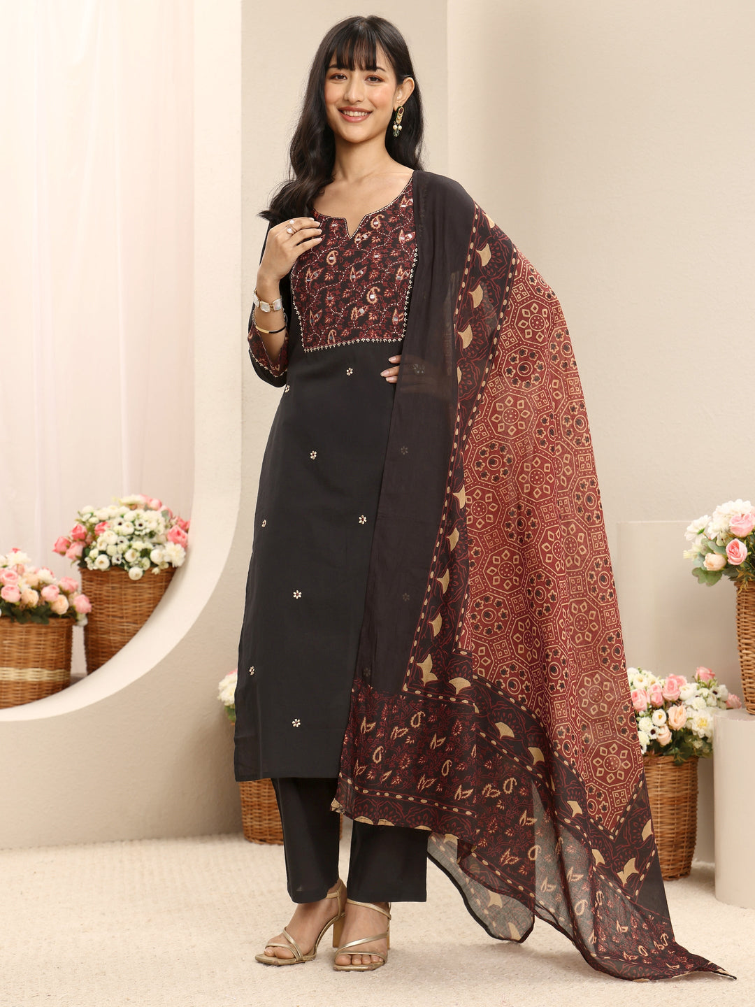 Black Embroidered Cotton Straight Suit Set With Dupatta