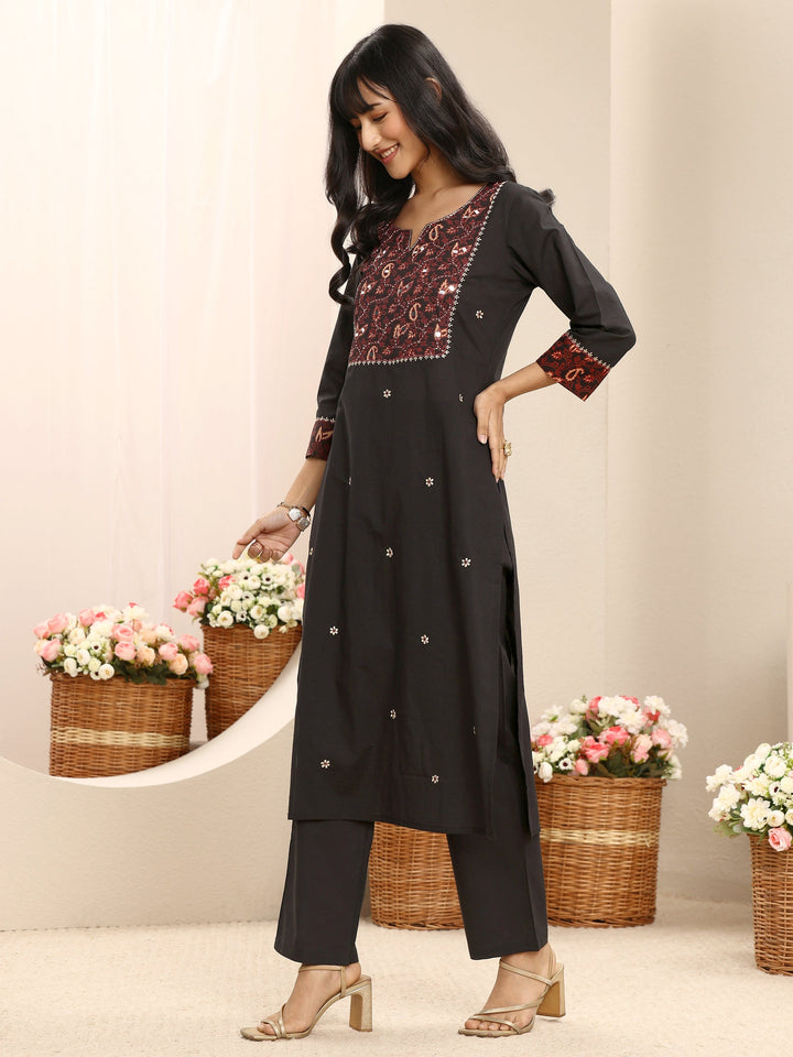 Black Embroidered Cotton Straight Suit Set With Dupatta