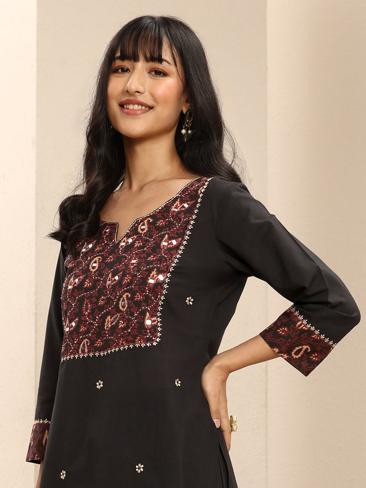 Black Embroidered Cotton Straight Suit Set With Dupatta