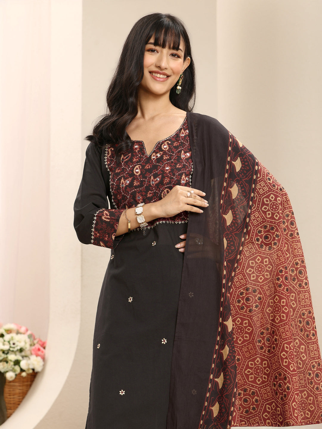 Black Embroidered Cotton Straight Suit Set With Dupatta