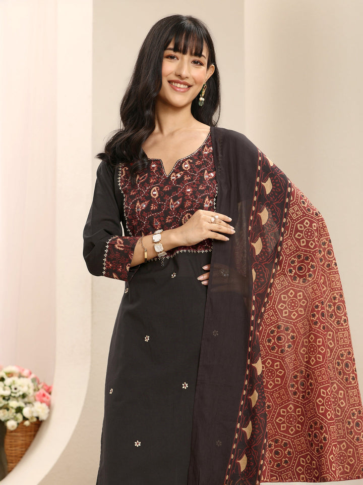 Black Embroidered Cotton Straight Suit Set With Dupatta