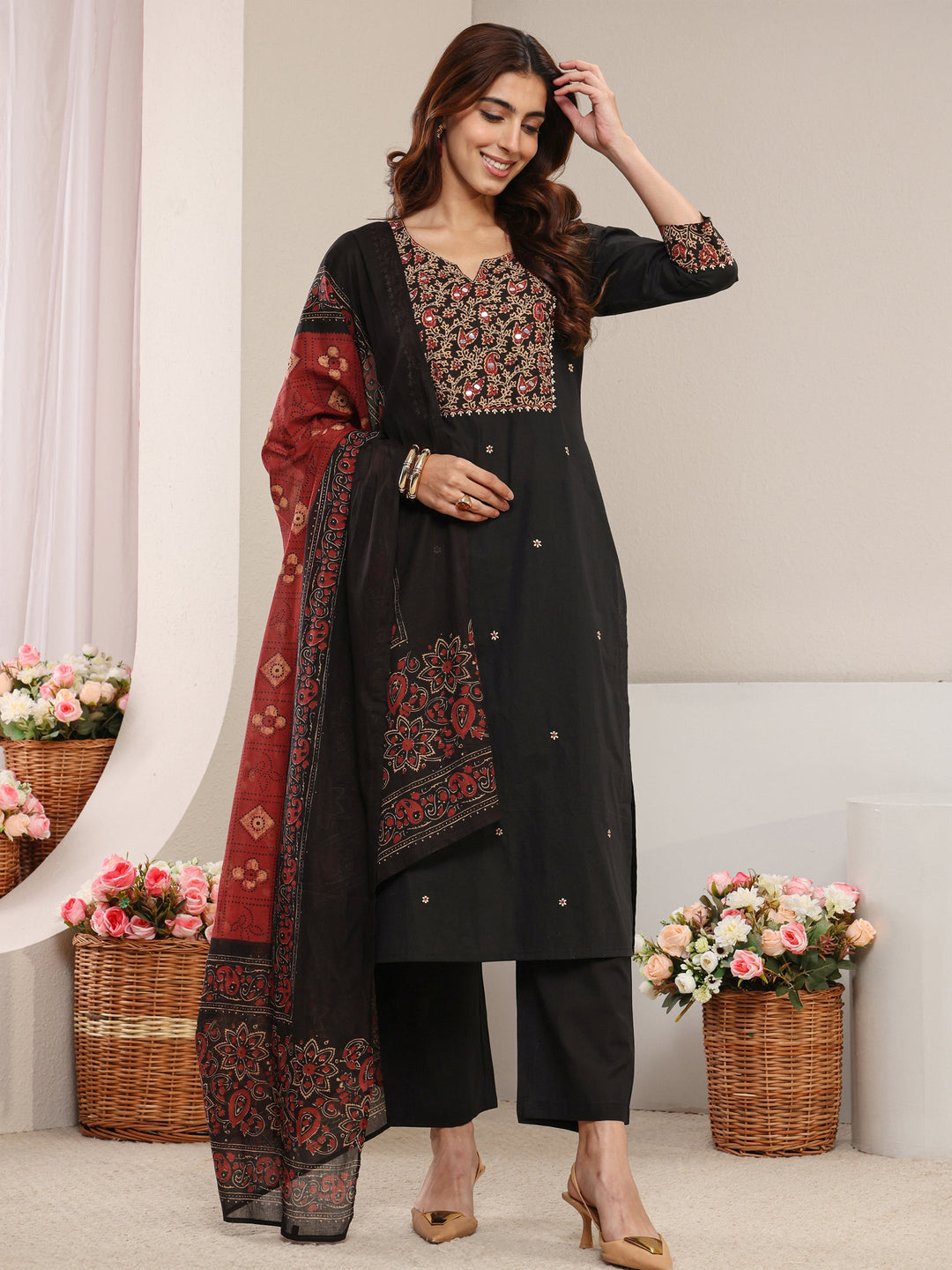 Black Floral Printed Cotton Straight Suit Set with Dupatta