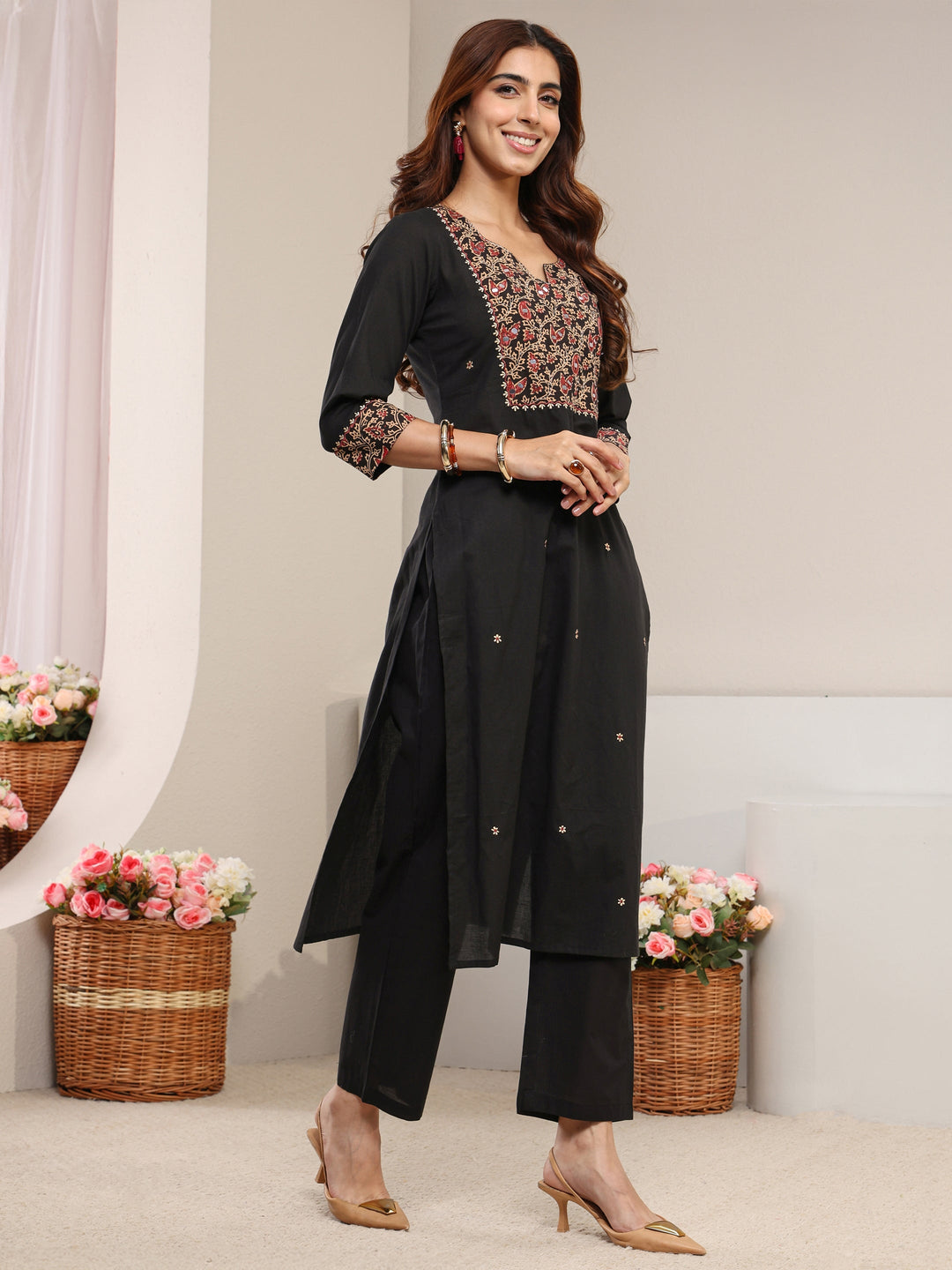 Black Floral Printed Cotton Straight Suit Set with Dupatta