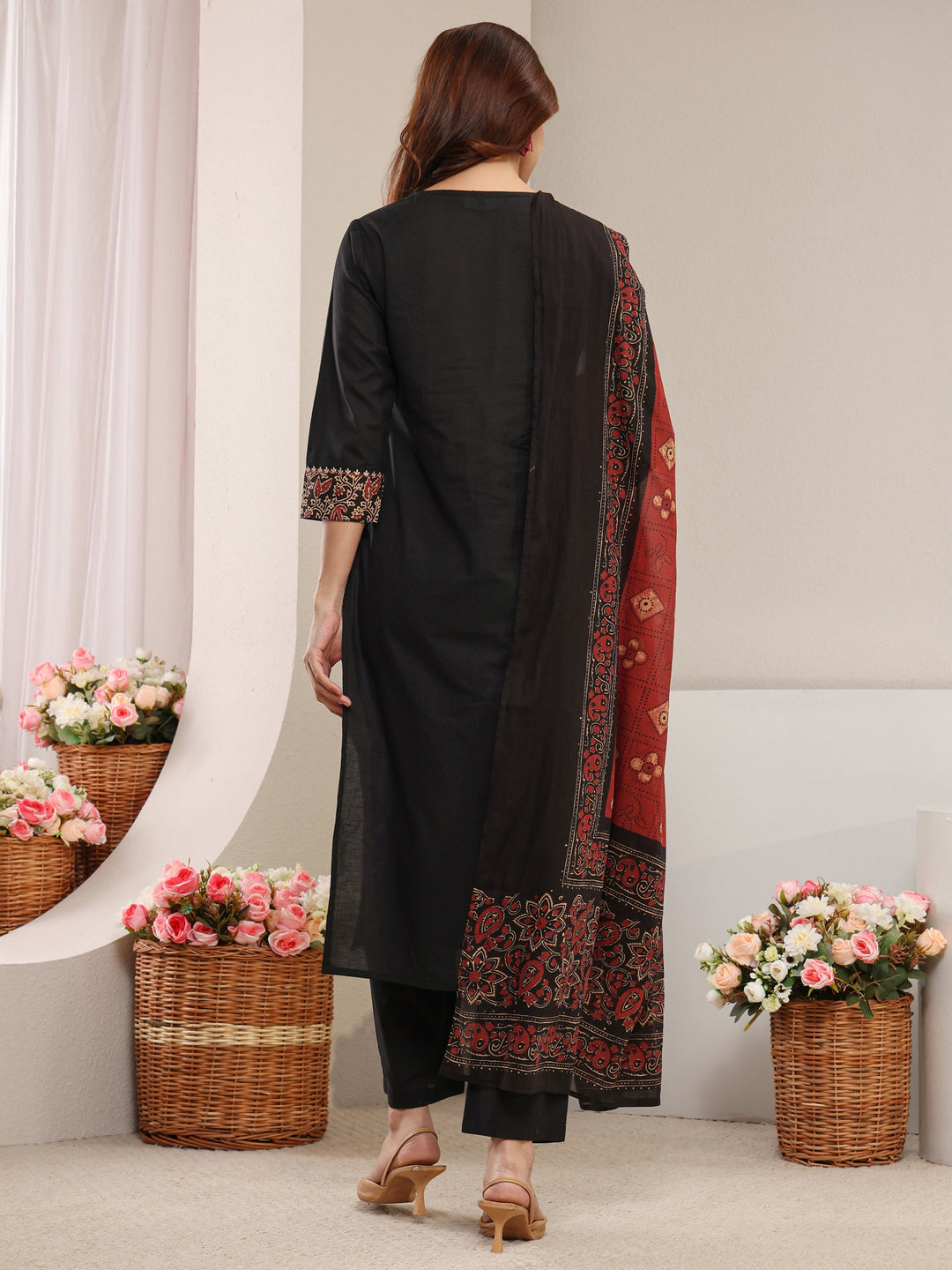 Black Floral Printed Cotton Straight Suit Set with Dupatta